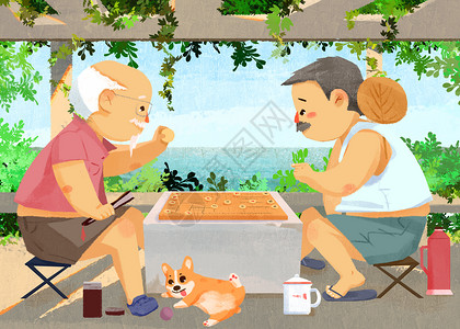 游戏纸牌素材夏天乘凉树底下象棋的老爷爷插画