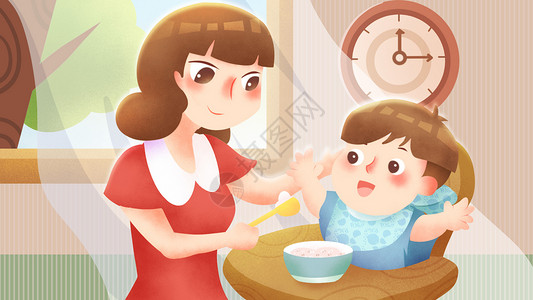 母亲喂婴儿吃饭插画背景图片