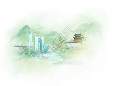 江苏兴化苏州中式城市地标建筑风景旅游插画
