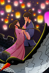 牛郎与织女约会手机壁纸插画背景图片