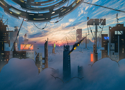 高楼背景素材赛博朋克未来科技都市背景插画插画