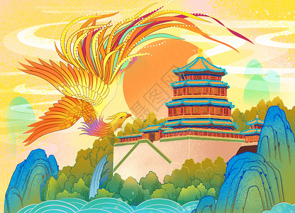 北京古建筑风景凤凰舞北京颐和园国潮插画插画