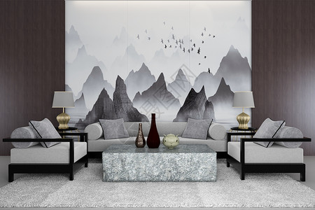 禅意客厅装饰画中式背景设计设计图片