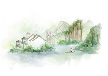 经典复古边框中国风山水水墨城市地标建筑武夷山插画