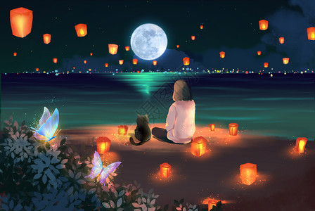 女孩赏月海边中秋节赏月插画