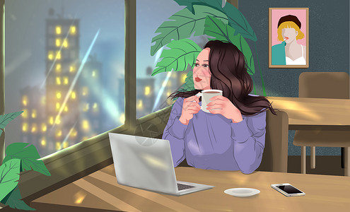 办公喝咖啡坐在窗边喝咖啡的职业女性插画