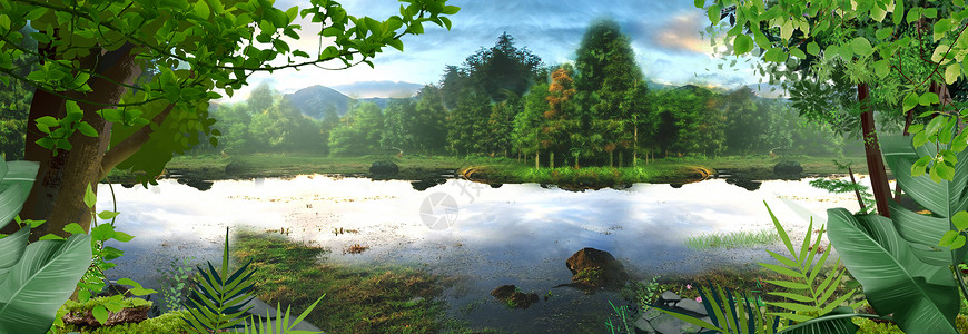 绿色湖泊梦幻森林场景设计图片