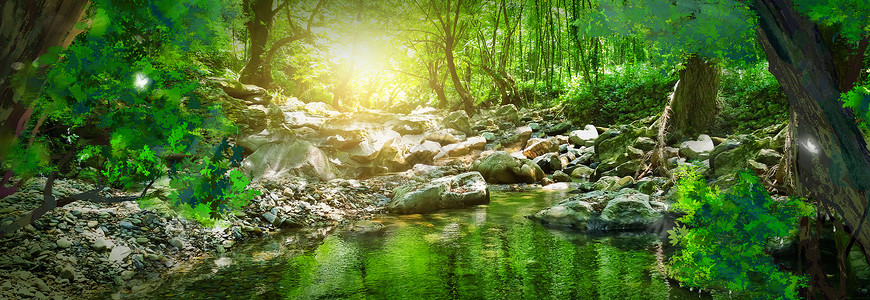 绿色湖水梦幻森林场景设计图片