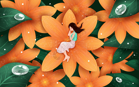 女孩躺在花朵上背景图片