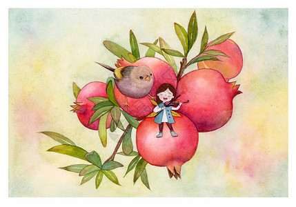 新鲜水果红石榴秋天小女孩拉提琴石榴水果插画
