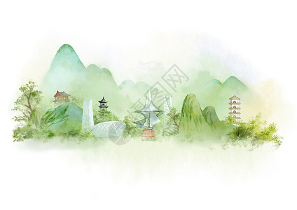 莒光楼中国风山水水墨城市地标建筑福州插画