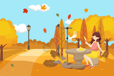 坐着喂鸟的女孩秋天公园逗鸟的女孩插画