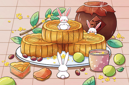 罐子里的莲子中秋节手绘玉兔与月饼插画