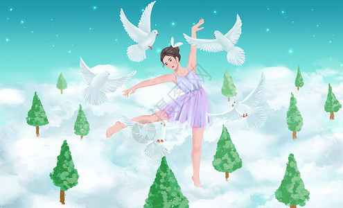 舞者飞翔在云端跳舞的芭蕾舞者插画