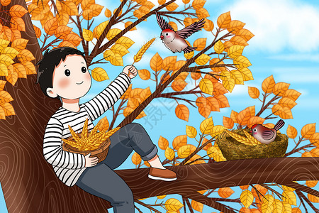 群鸟养羞男孩坐在树上给小鸟喂食插画