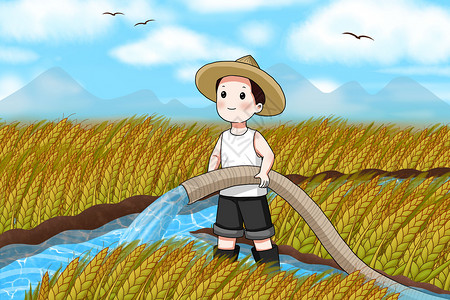 初秋钜惠活动农民给庄稼灌溉保湿插画