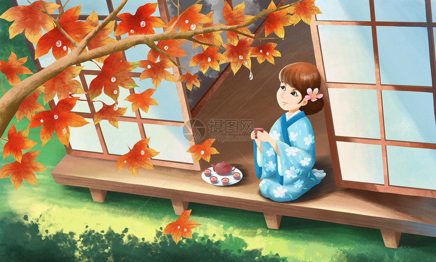 白露枫叶下品茶的日本和服少女图片