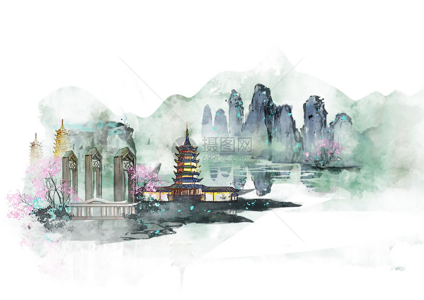 广西桂林中国风山水水墨城市地标建筑插画图片