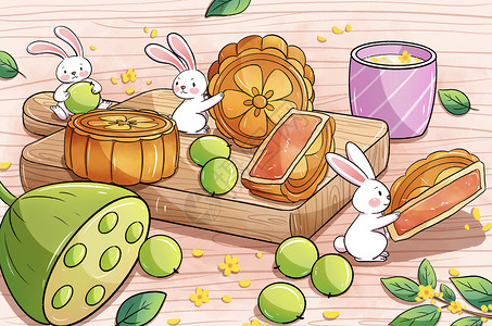 手绘兔子与月饼插画背景图片