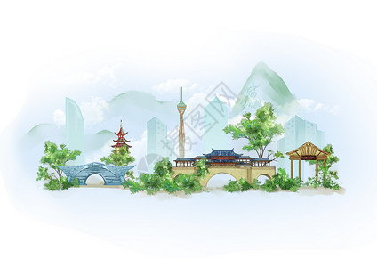 四川成都中国风山水水墨城市地标建筑插画图片素材