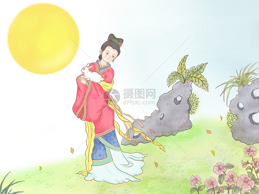 中秋节嫦娥与玉兔复古中国风工笔画图片