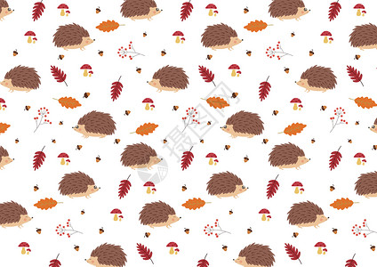 手绘栗子秋天刺猬和落叶背景素材插画插画