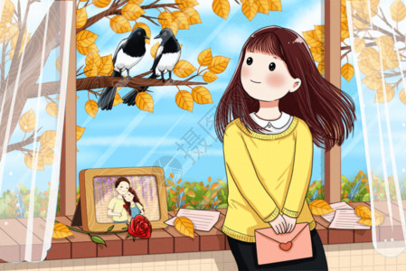 黄色格子毛衣女孩拿着情书看到窗外的一对喜鹊gif高清图片