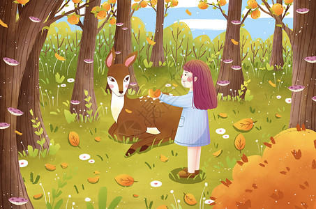 秋天女孩与鹿背景图片