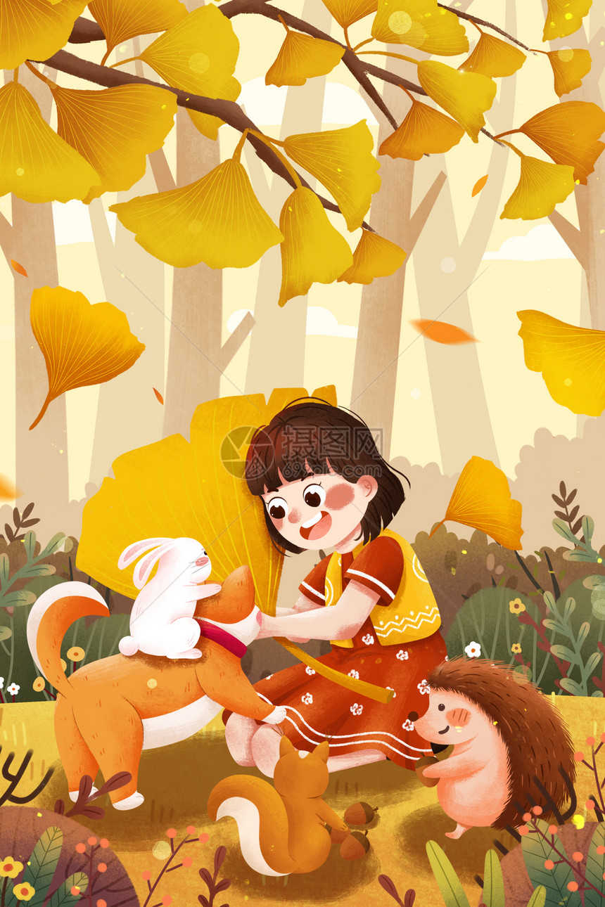 二十四节气秋分银杏树下女孩与动物们插画图片