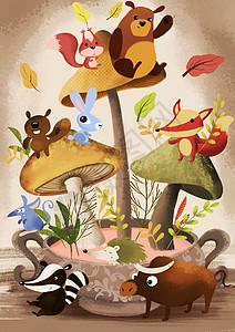 世界动物日海报盆栽上的小动物插画
