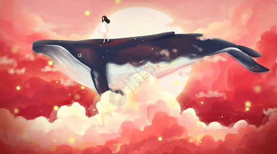 唯美女孩与鲸鱼的天空之旅背景图片