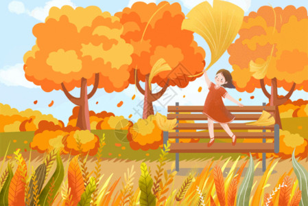 心在枫叶中秋天在公园捡落叶的女孩gif动图高清图片
