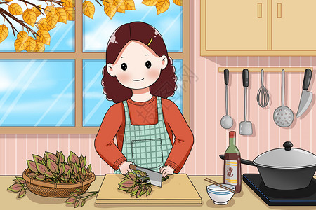 母子在厨房做饭吃秋菜在厨房做饭插画插画