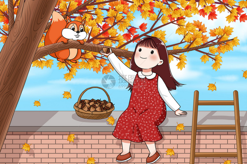 秋天枫树下的小女孩和小松鼠图片