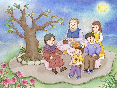 妈妈喝茶中秋节敬老爱老家人团聚赏花赏月吃月饼插画
