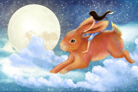 骑着玉兔奔月的女孩高清图片