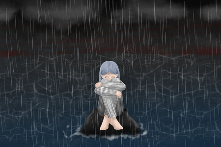 暴雨水坑暴雨中孤岛上无助的女孩插画