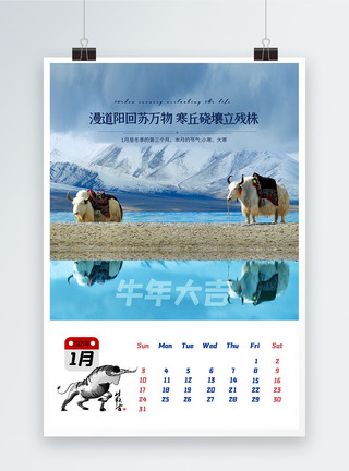 2月风景2021年牛年1月挂历海报模板