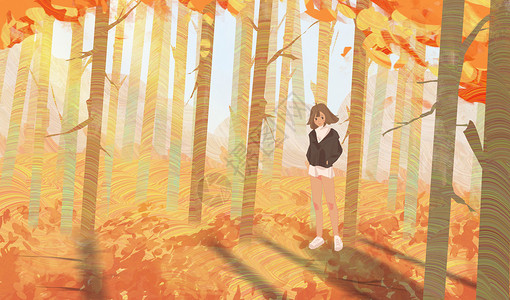 秋日森林的少女落叶高清图片素材