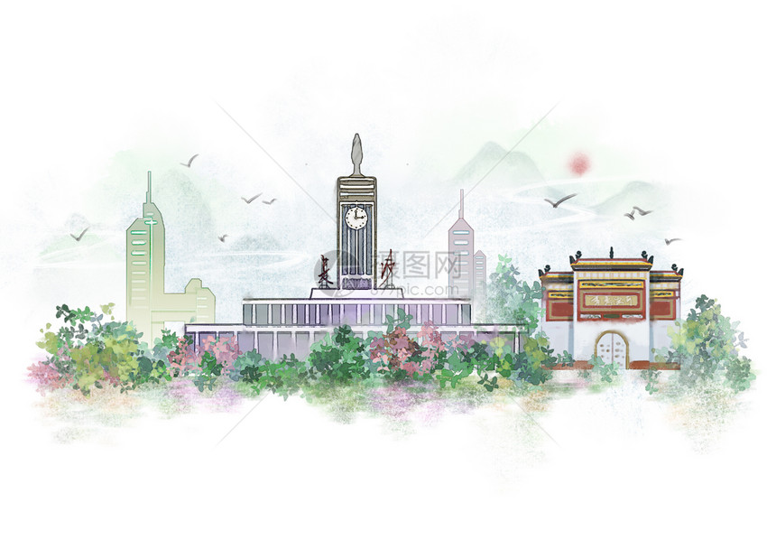 长沙中国风山水水墨城市地标建筑插画图片