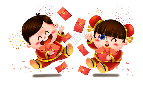 新年中国红福娃欢乐撒红包插画
