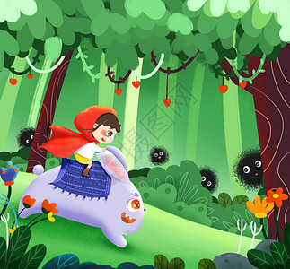 在森林里骑兔子的小橘子童话背景图片