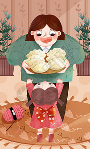 立冬吃水饺室内端饺子的妈妈插画