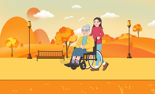 女子给老人推着轮椅散步重阳节插画背景图片
