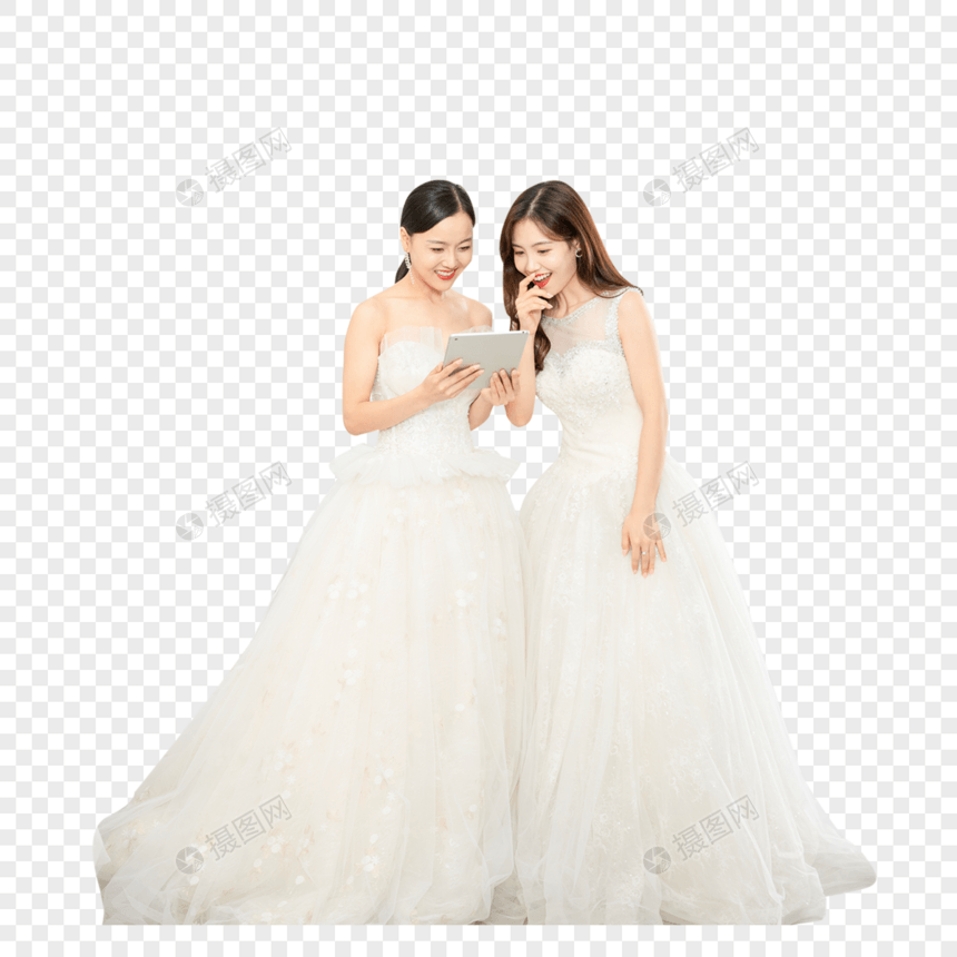 婚纱店一起试穿婚纱的闺蜜图片