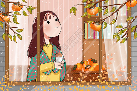 天冷女孩在窗边观察结霜的柿子树插画