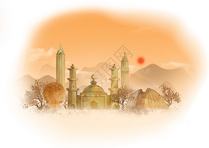 新疆国际大巴扎乌鲁木齐中国风山水水墨城市地标建筑插画插画