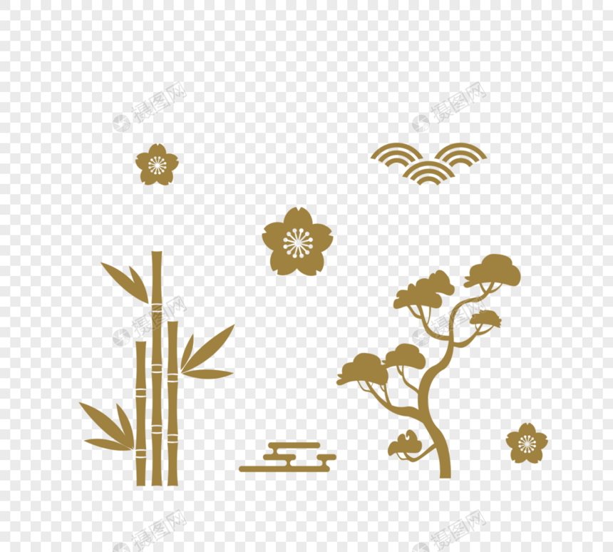 简约金色日式竹松樱花植物元素图片