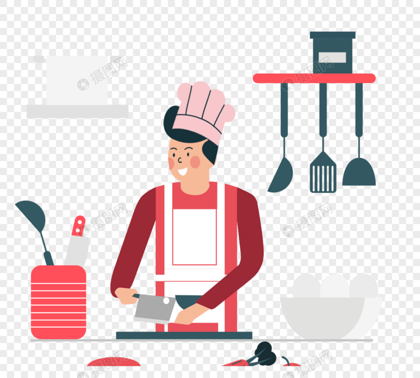 手绘卡通红色厨师烹饪菜肴图图片