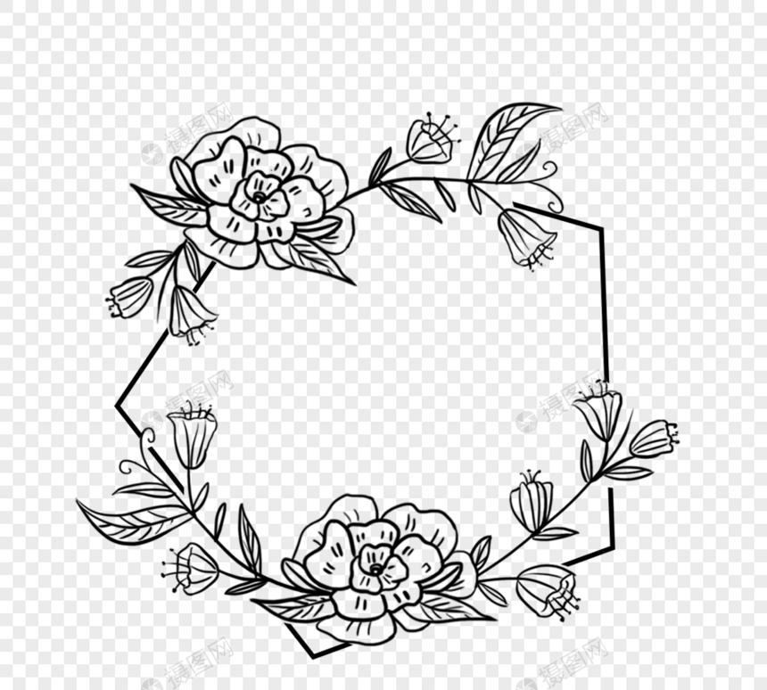 黑色手绘线边婚礼装饰用多边形包围式盛开花植物蔓藤边框图片